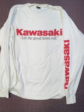 Vintage Kawasaki Let The Good Times Roll Long Sleeve Shirt Mens L White Graphic